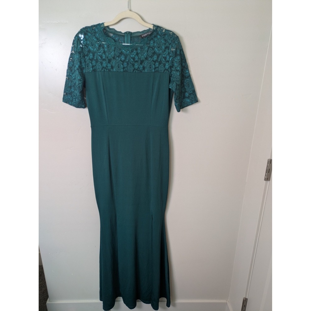 FORTRIC Women's Size M Emerald Green Maxi Dress Lace‎ Trim